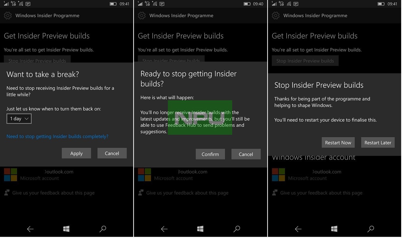 Windows 10 Mobile Build 14385: Opt out of Insider Preview program