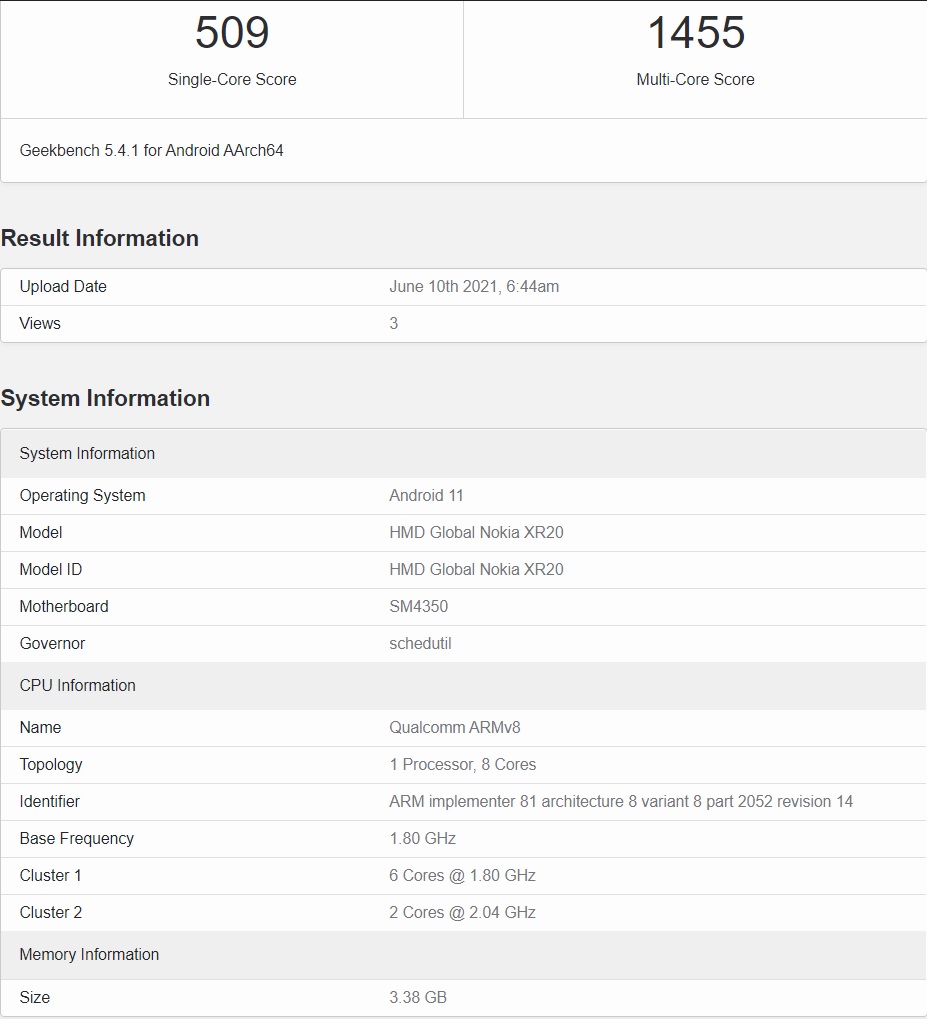 nokia xr20 geekbench