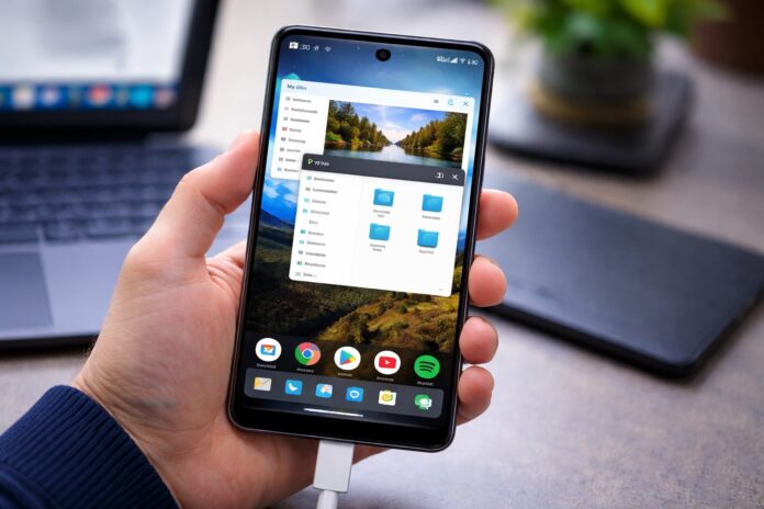 A close-up shot of a person holding a Google Pixel phone in their hand, displaying Android 17's desktop mode.