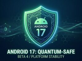 A high-tech hero graphic for Android 17 Beta 4 featuring a glowing green and blue digital shield. The shield contains the Android logo and the text "Android 17." Below the shield, bold text reads "Android 17: Quantum-Safe" and "Beta 4 / Platform Stability.