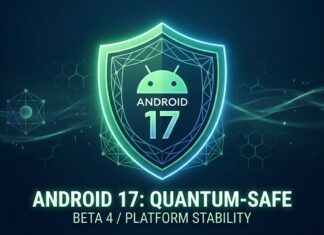 Android 17 Is Almost Here: Beta 4 Reveals Final Changes Including Quantum Security & Smarter Memory A high-tech hero graphic for Android 17 Beta 4 featuring a glowing green and blue digital shield. The shield contains the Android logo and the text "Android 17." Below the shield, bold text reads "Android 17: Quantum-Safe" and "Beta 4 / Platform Stability.
