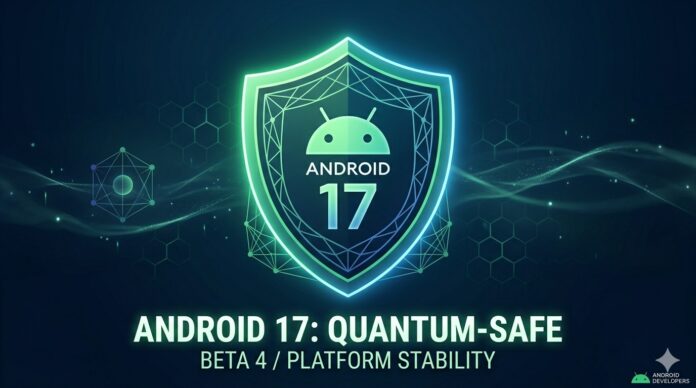 ANDROID 17 - QUANTUM-SAFE-BETA 4 - PLATFORM STABILITY A high-tech hero graphic for Android 17 Beta 4 featuring a glowing green and blue digital shield. The shield contains the Android logo and the text "Android 17." Below the shield, bold text reads "Android 17: Quantum-Safe" and "Beta 4 / Platform Stability.