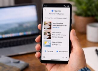 Close-up of Pixel phone displaying Google Gemini AI with personalized tasks, weather, and assistant features