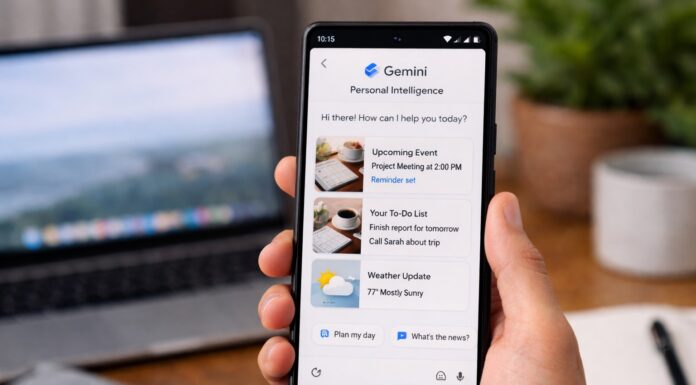 Close-up of Pixel phone displaying Google Gemini AI with personalized tasks, weather, and assistant features