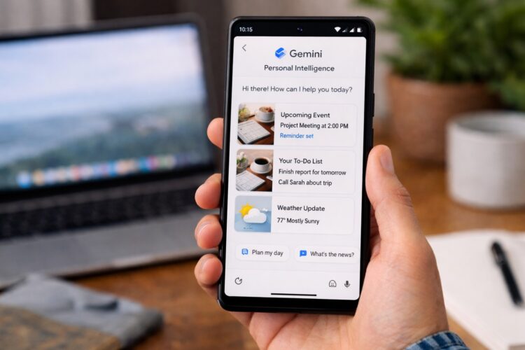Close-up of Pixel phone displaying Google Gemini AI with personalized tasks, weather, and assistant features