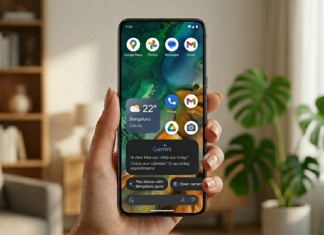 Hand holding a Google Pixel smartphone displaying the March 2026 Feature Drop interface, featuring a Gemini AI task automation widget, custom Material You icons, and a proactive dinner planning suggestion on a vibrant home screen.