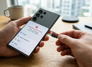 Hand inserting a 2TB Samsung MicroSD card into a 2026 Android smartphone