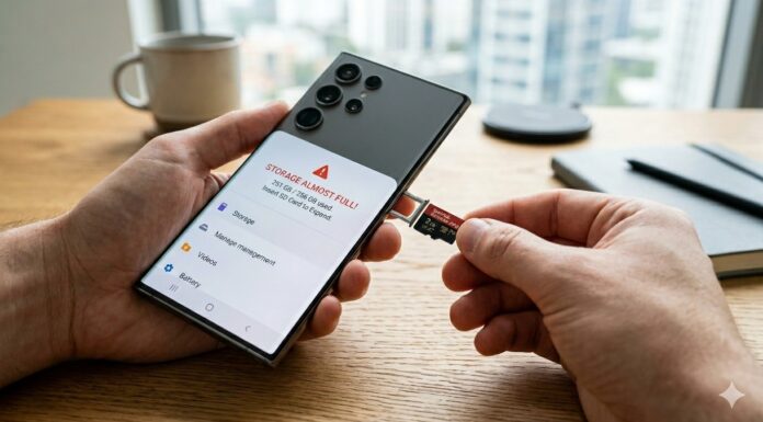 The Ultimate Guide to Choosing Best MicroSD Card for Your Android Smartphone (2026 Edition) Hand inserting a 2TB Samsung MicroSD card into a 2026 Android smartphone