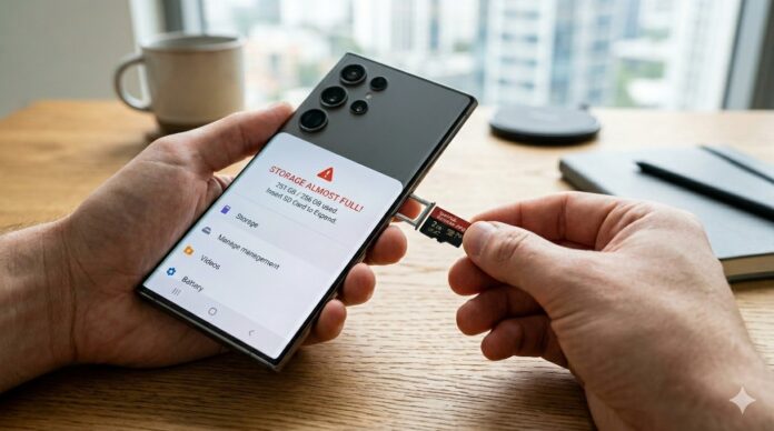 Hand inserting a 2TB Samsung MicroSD card into a 2026 Android smartphone