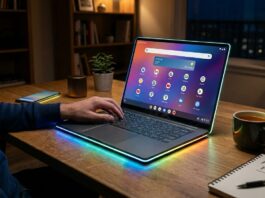 A concept image of a sleek, dark gray Pixel laptop on a wooden desk. The device features a vibrant "Pixel glow" light bar around the edges of the base and screen, emitting a soft multi-colored radiance.