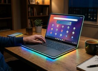 A concept image of a sleek, dark gray Pixel laptop on a wooden desk. The device features a vibrant "Pixel glow" light bar around the edges of the base and screen, emitting a soft multi-colored radiance.