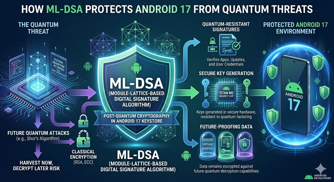 A detailed technical infographic titled "How ML-DSA Protects Android 17 From Quantum Threats." The diagram flows from left to right, showing how future quantum attacks bypass classical encryption but are blocked by the ML-DSA shield in the Android 17 Keystore. It highlights three key benefits: Quantum-Resistant Signatures, Secure Key Generation via the Titan M2 chip, and Future-Proofing Data.