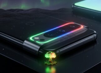 Render of Pixel 11 Pro Grizzly with glowing RGB LED camera bar and a small neon mushroom cloud representing the P26 leak.